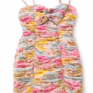 Floral Ruched Dress with Bow Detail